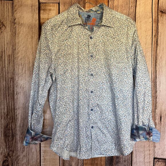 Robert Graham Shirt Casual Button Up Large White Blue Long Sleeve Pattern Cuff - Picture 1 of 8